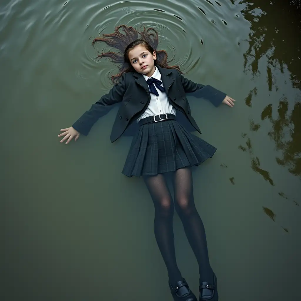 A young schoolgirl in a school uniform, in a skirt, jacket, blouse, dark tights, high-heeled shoes. She is swimming in a dirty pond, lying under water, all her clothes are completely wet, wet clothes stick to her body, the whole body is under water, submerged in water, under the surface of the water, below the water's edge.