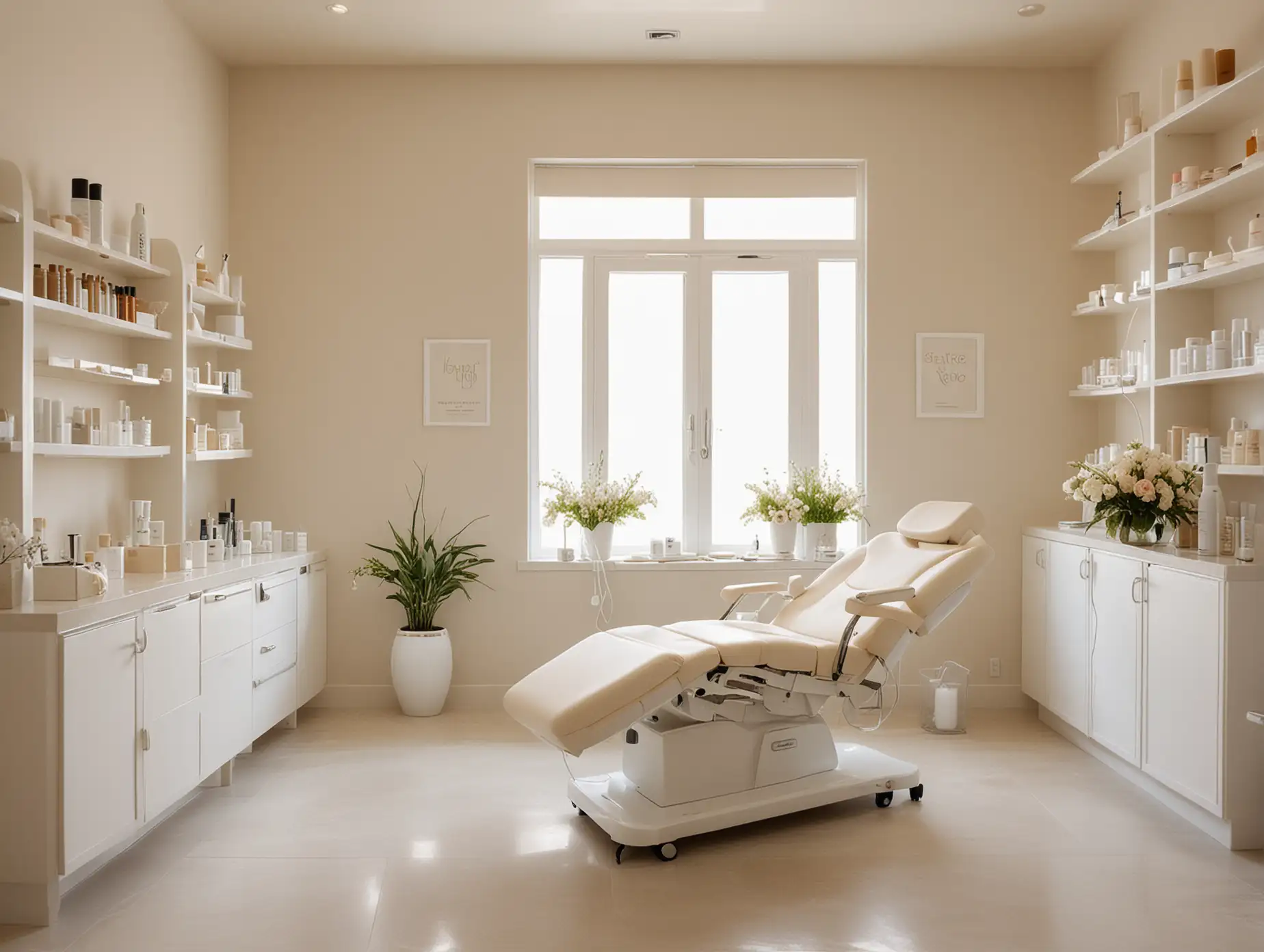 A realistic scene of a patient receiving IV therapy at a beautiful and aesthetic medical spa. The patient is comfortably seated in a luxurious white beige treatment chair, surrounded by a serene and elegant atmosphere. The room features soft lighting, modern furnishings, and clean lines with a calming color palette of white, beige, and light pastels. The patient appears relaxed and content, with an IV drip attached to their arm. Nearby, there are neatly organized shelves with skincare products, a sleek counter with a vase of fresh flowers, and a large window allowing natural light to fill the space. The overall design exudes luxury, tranquility, and professionalism, making it an inviting and relaxing environment for the therapy 