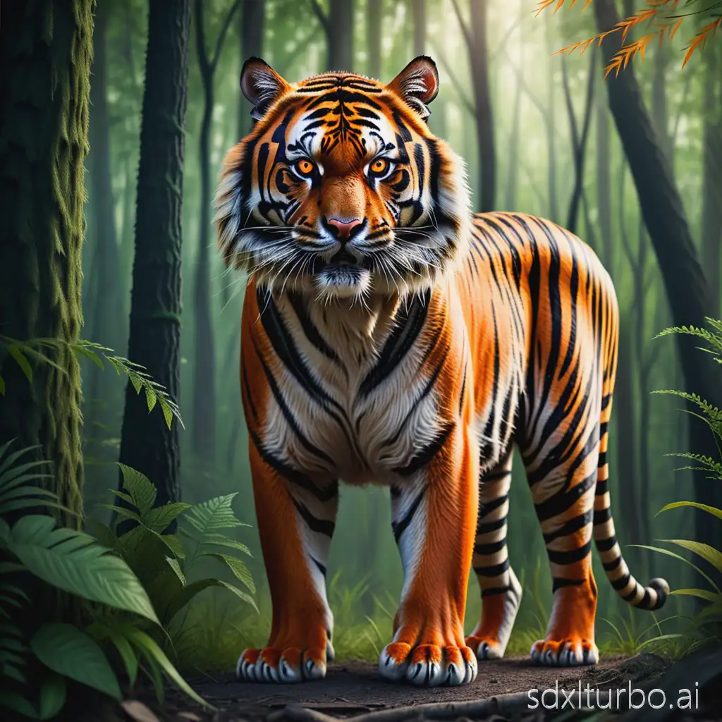 A tiger that is always fierce, standing in the forest, showing its power and majesty, with orange fur and black stripes, sharp eyes, developed muscles, background of lush forest