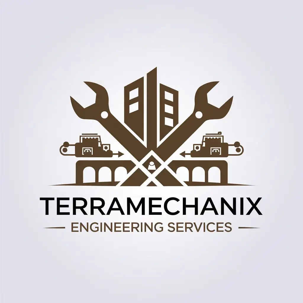 LOGO Design for Terramechanix Engineering Services Minimalistic Vector with Building Silhouettes Wrench and Bridge Elements