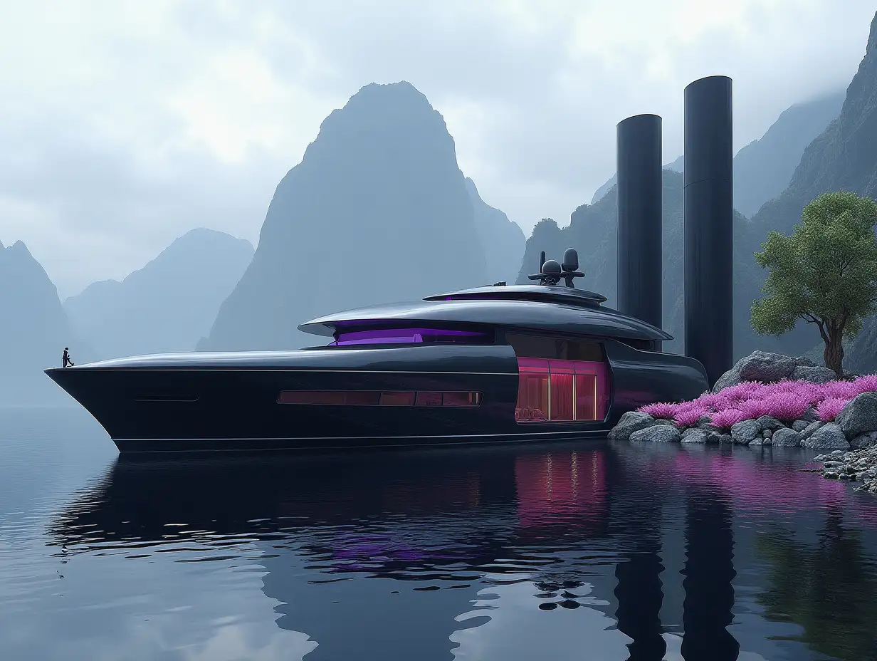 Create a high-resolution realistic image in 4k resolution of a futuristic black building with curved pillars, mountains with large trees, rock flowers, a futuristic large purple and glass yacht with a glass window and cloudy sky