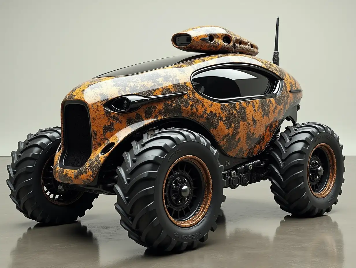 A supermodern utopian sports omnibus with lowered bodywork with Predator skull, aluminum wheels, wide tires, brown and black camouflage pattern, Science-Fiction