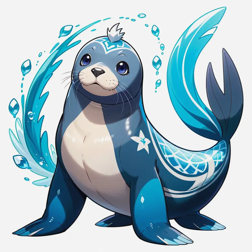 Blue Arctic Seal with White Tattoos in PokemonStyle Illustration