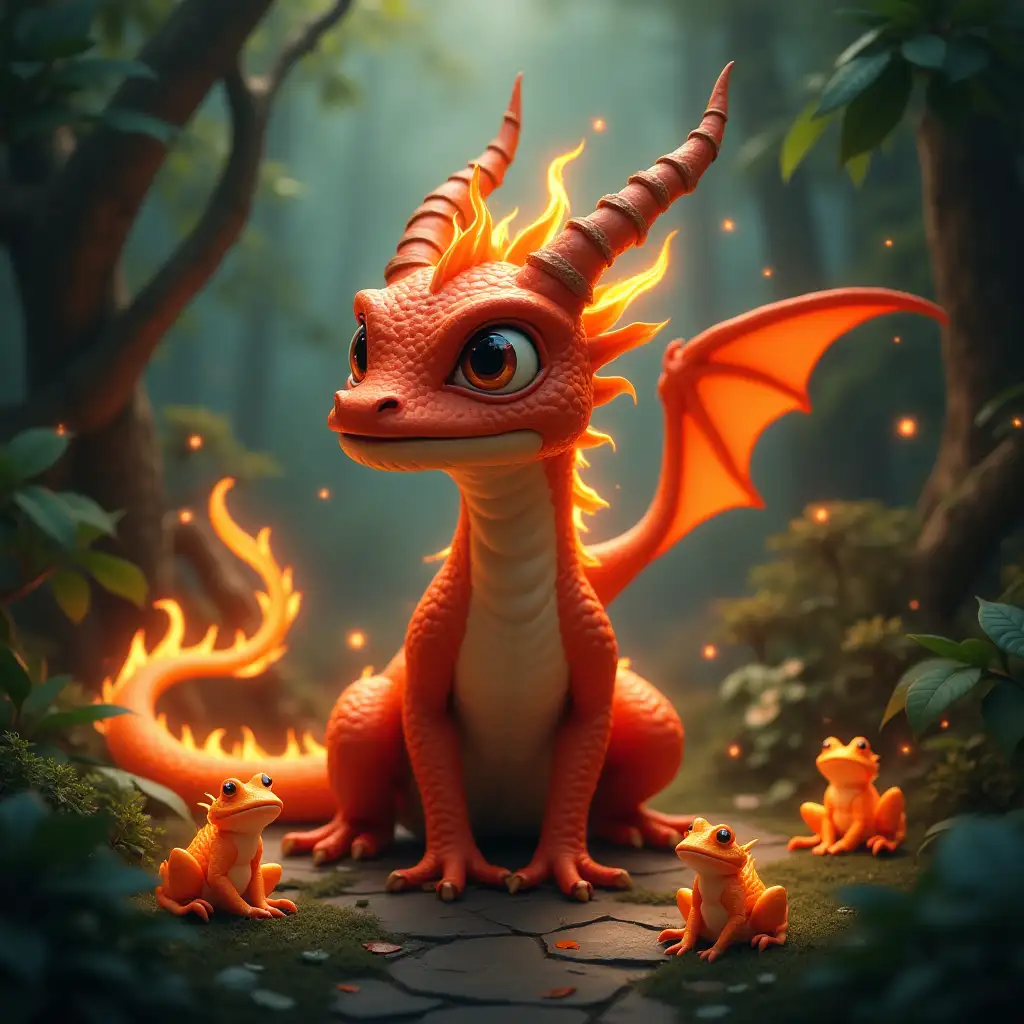 a dragon named pu, who is very beautiful and comes from fire, and the place around him is a jungle with glowing frogs and it's a video