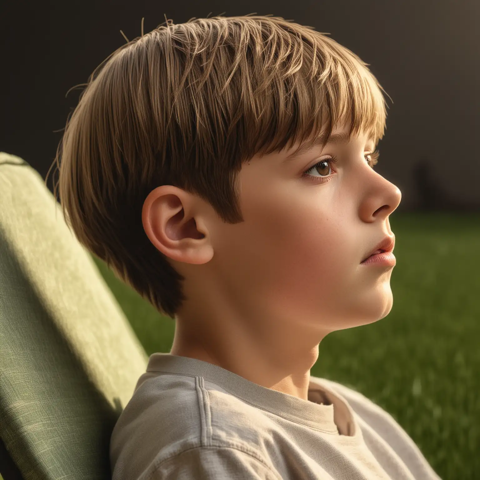 Realistic Portrait of ElevenYearOld Boy Sitting in Lawn Chair with Overhead Light