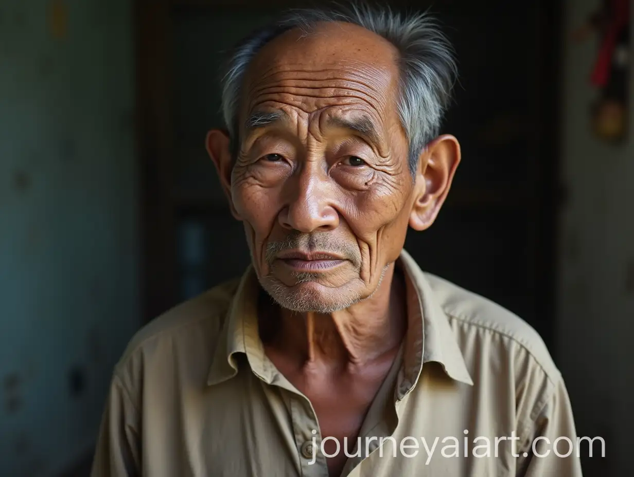 Elderly-Asian-Man-in-Tattered-Shirt-Depicting-Poverty