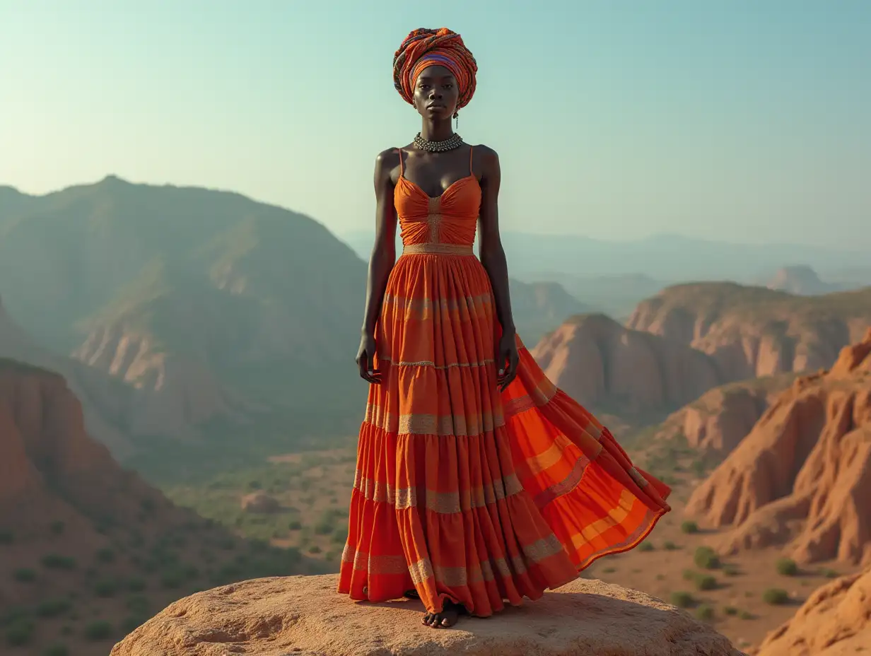 AI African woman with headscarf and long dress on a rock 4k resolution vibrant