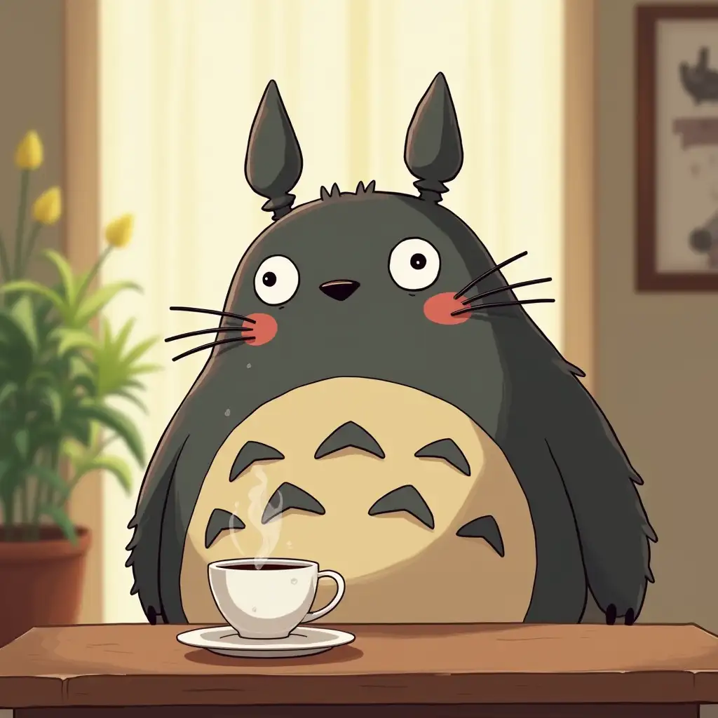 Totoro good morning with a cup of coffee