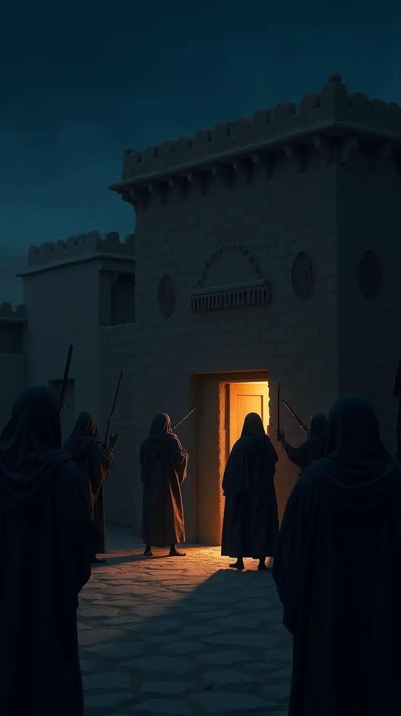 Suspenseful Night in Ancient Mecca Shadowy Figures at a Traditional Stone House