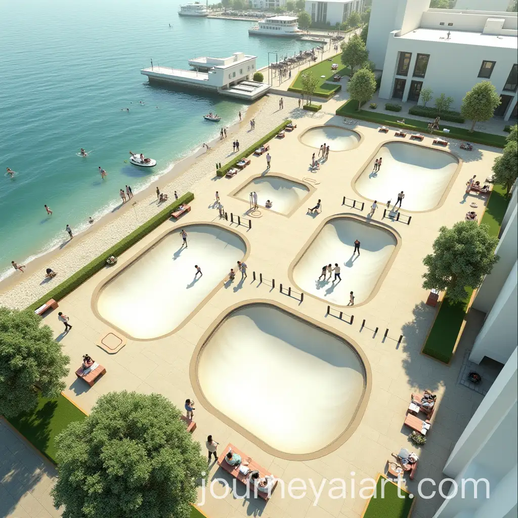 Urban-Beach-Scene-with-Paved-Paths-Working-Pods-Skating-Area-and-People