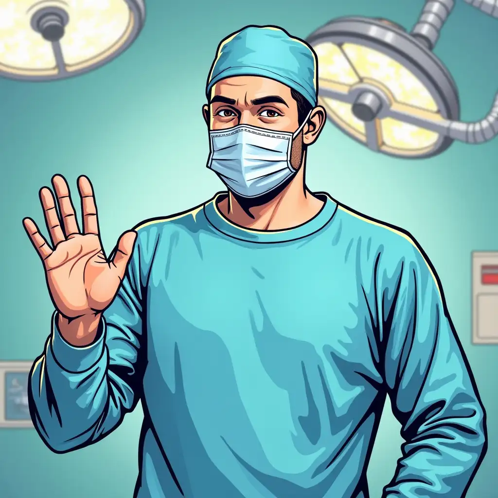 A male surgeon in pop art style without a mask is standing in the operating room and waving his hand