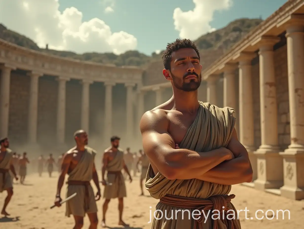 Stoic-Greek-Man-in-Calm-Amidst-Chaotic-Ancient-Greek-Battle