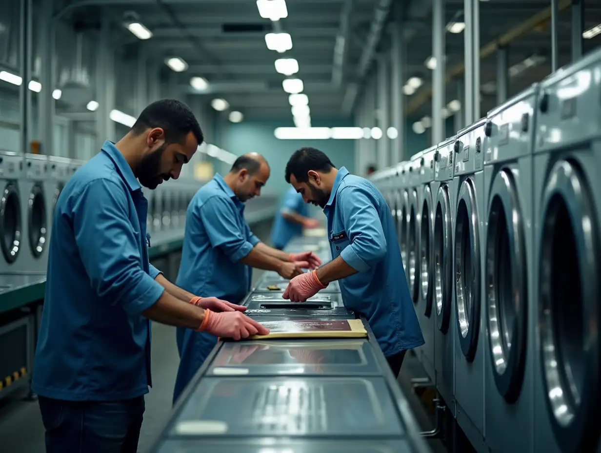 Generate an image of Egyptian workers operating in a washing machine factory. The scene should be realistic, depicting a busy factory floor with workers assembling, inspecting, and testing washing machines. The workers should be wearing appropriate safety gear, such as gloves and uniforms, and the factory environment should include conveyor belts, tools, and machinery. The lighting should be industrial, and the atmosphere should reflect a professional manufacturing setting.