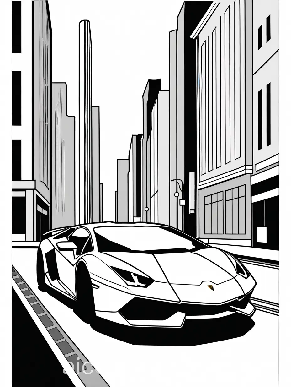 lamborghini, Coloring Page, black and white, line art, white background, Simplicity, Ample White Space. The background of the coloring page is a street with modern cityscape, plain white base to make it easy for young children to color within the lines. The outlines of all the subjects are easy to distinguish, making it simple for kids to color without too much difficulty, Coloring Page, black and white, line art, white background, Simplicity, Ample White Space. The background of the coloring page is plain white to make it easy for young children to color within the lines. The outlines of all the subjects are easy to distinguish, making it simple for kids to color without too much difficulty