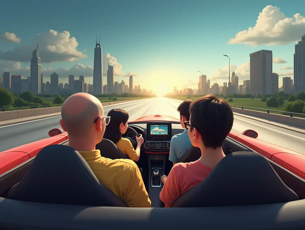 Image of a Vietnamese family consisting of members: father (bald), mother (short hair), son (glasses), daughter (short hair). Son drives the rocket-shaped car. Father, mother and daughter sit in the back, traveling on the highway, stopping at the urban area displayed on the screen in 2020.