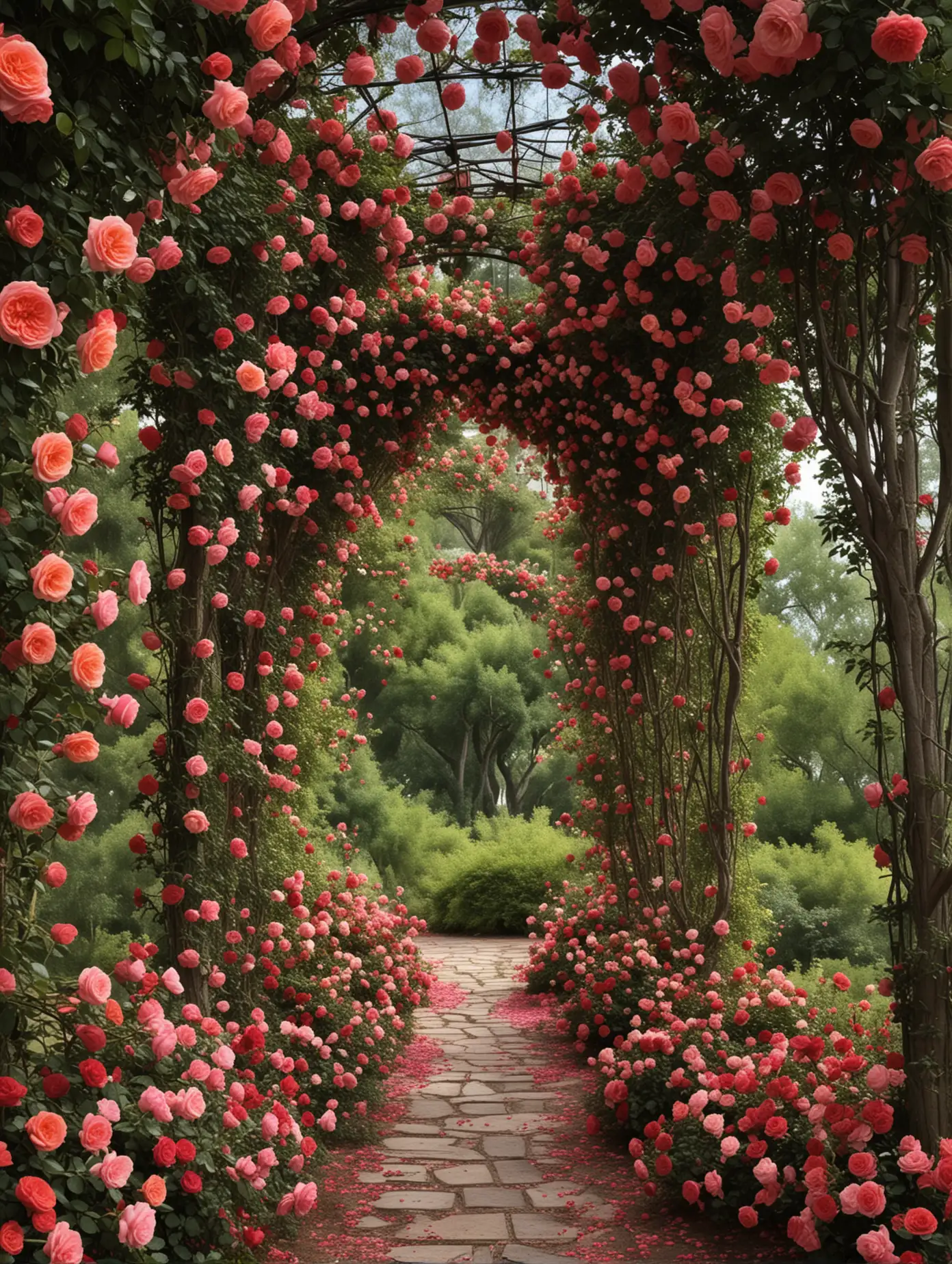 Journey deep into an enchanted forest where towering rose bushes create a magical canopy. The path ahead is adorned with roses of every hue, promising adventure and wonder.