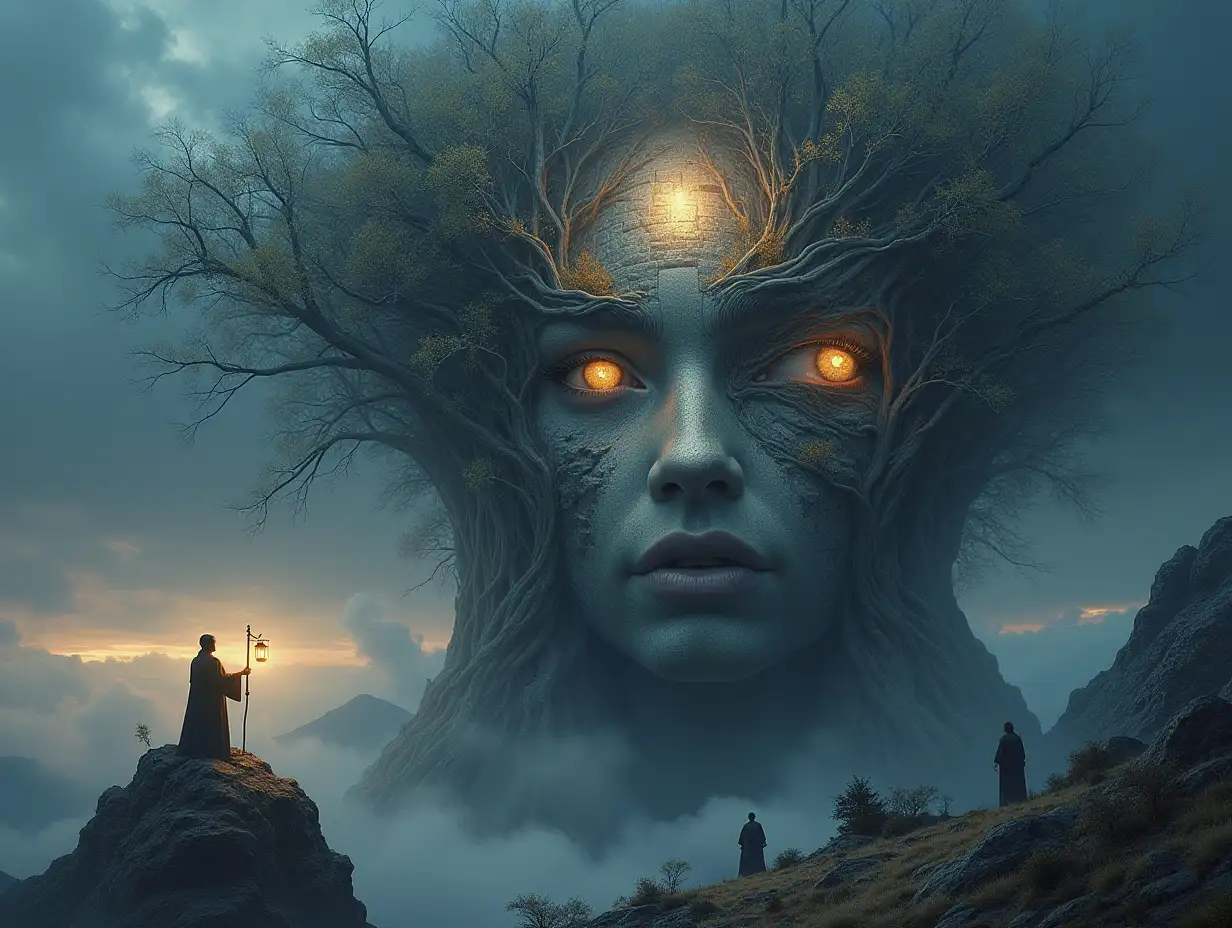 Creating a digital painting of a face with hair turning into a building with silver stone and illuminated trees with large branch hand and lantern and alien beings on a mountain