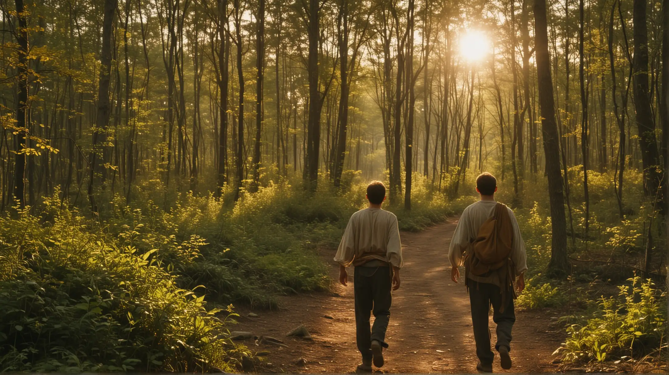 Man Walking Along Wooded Trail with Golden Sun Background