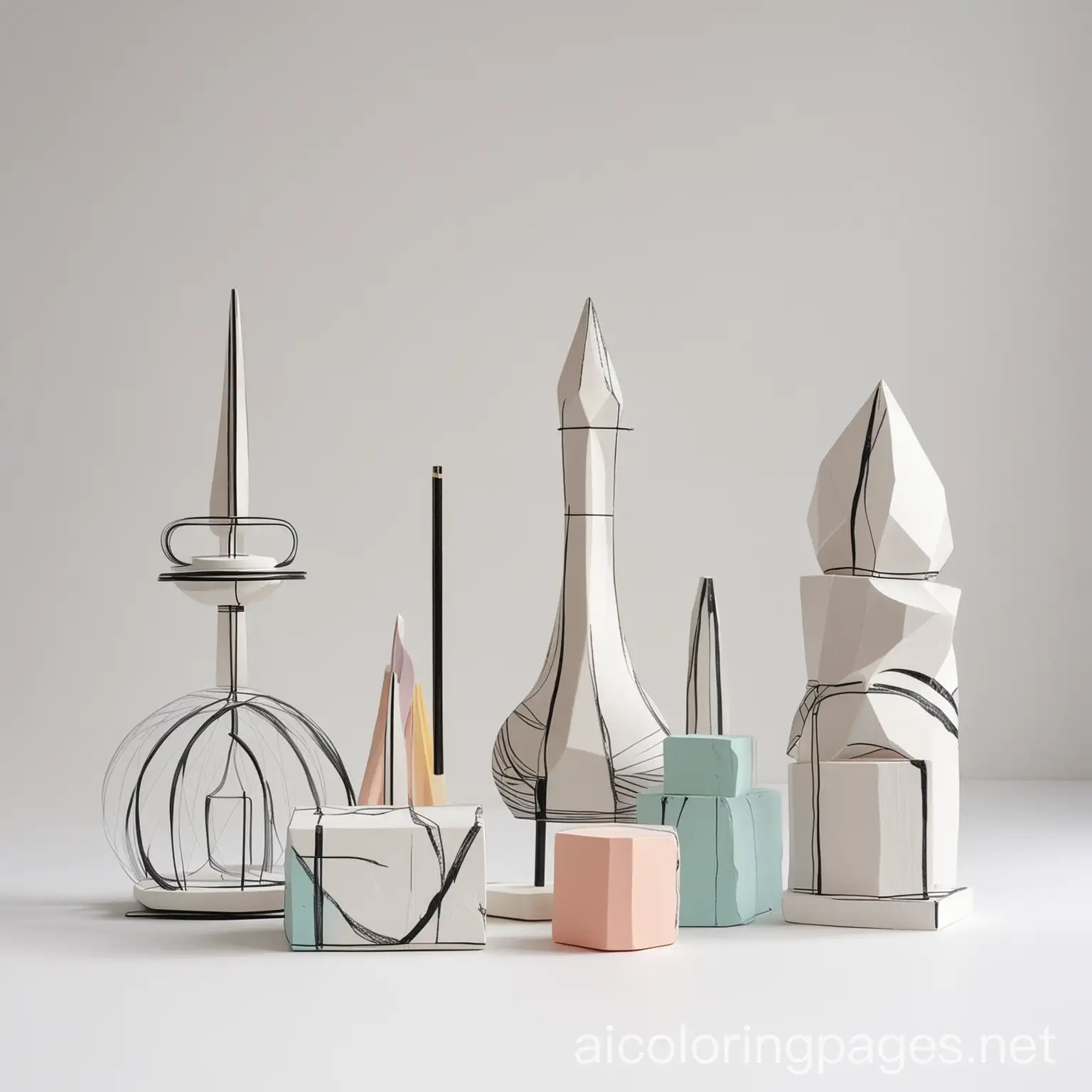 Abstract sculptures of minimalist objects with pastel colors, Coloring Page, black and white, line art, white background, Simplicity, Ample White Space. The background of the coloring page is plain white to make it easy for young children to color within the lines. The outlines of all the subjects are easy to distinguish, making it simple for kids to color without too much difficulty