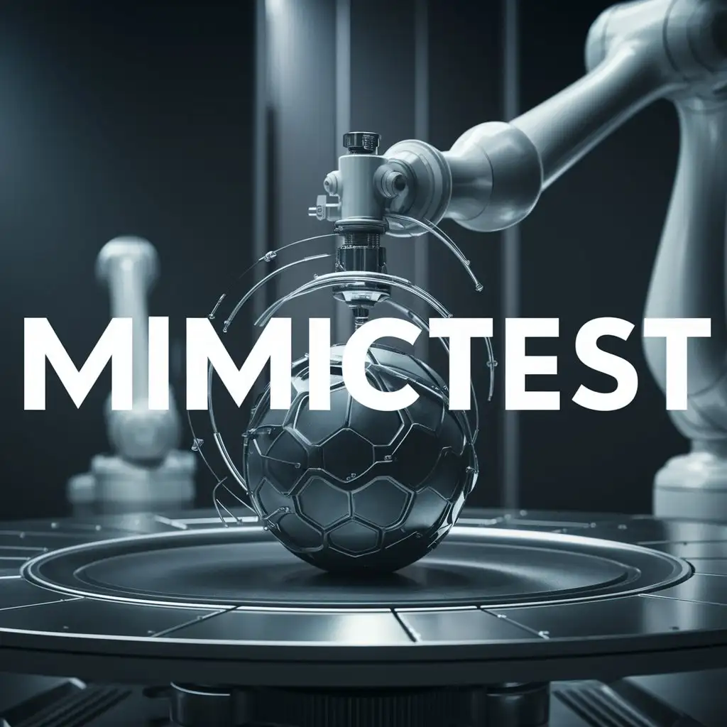 The picture shows the large word 'MIMICTEST' on the center. The background is a robotics arm manipulating a ball on a table