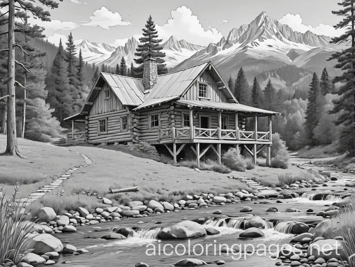 Country log cabin , foot of mountain with stream, Coloring Page, black and white, line art, white background, Simplicity, Ample White Space. The background of the coloring page is plain white to make it easy for young children to color within the lines. The outlines of all the subjects are easy to distinguish, making it simple for kids to color without too much difficulty