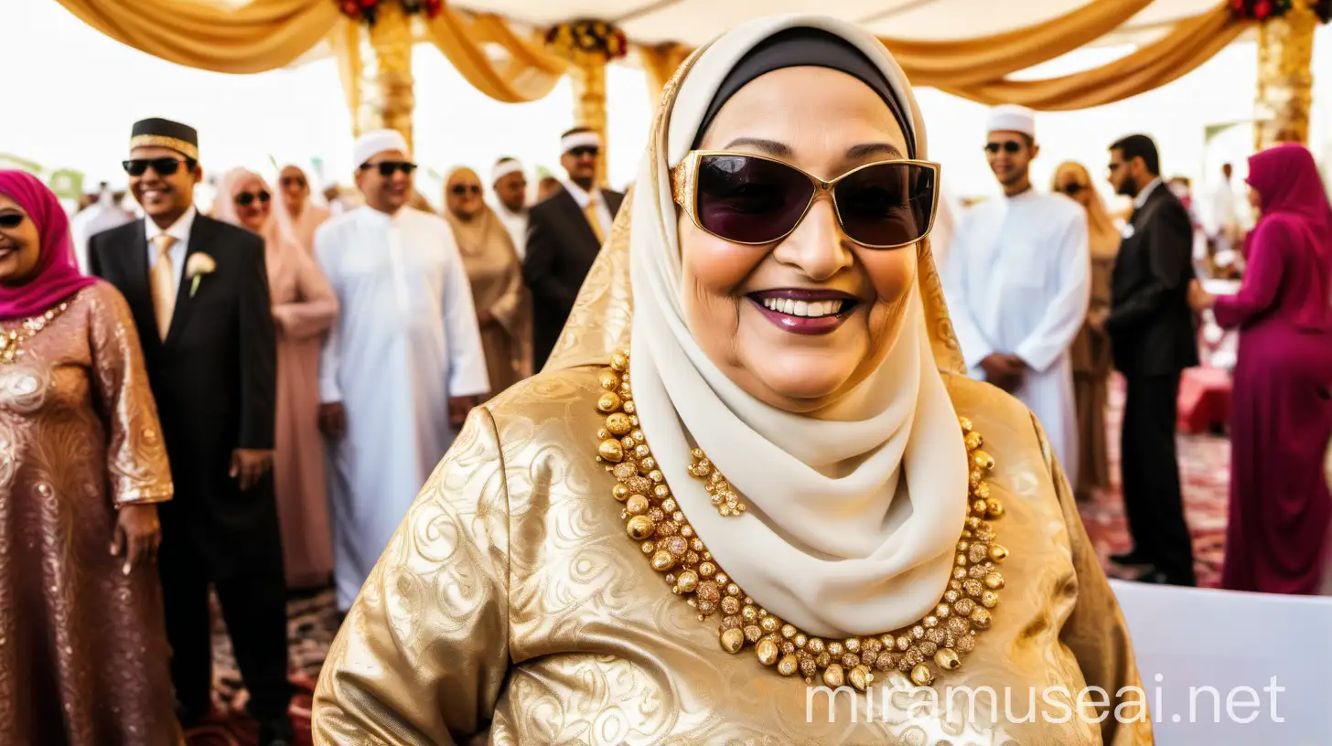 Elderly Muslim Woman in Hijab at Joyful Wedding Ceremony