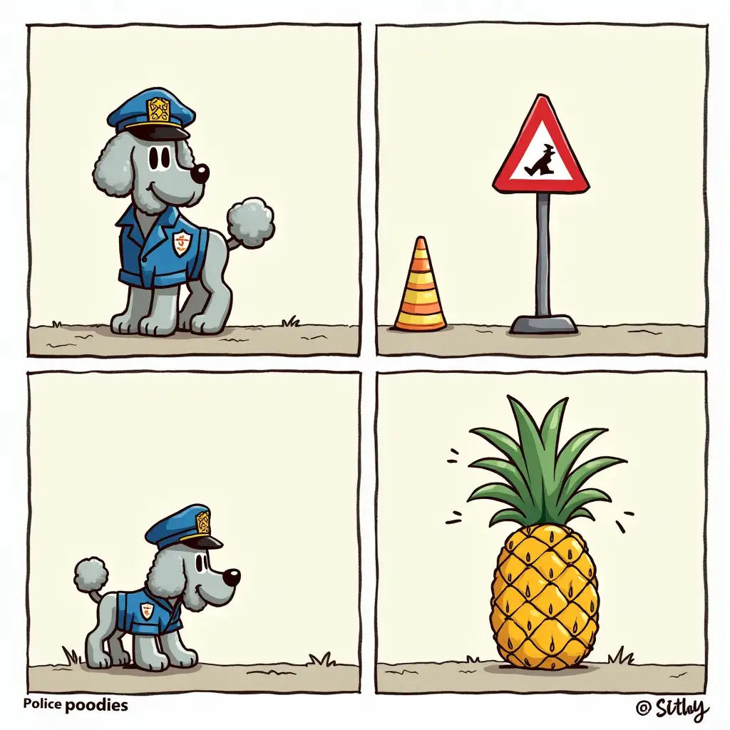 Humorous-Cartoon-Police-Poodle-Traffic-Cone-and-Talking-Pineapple