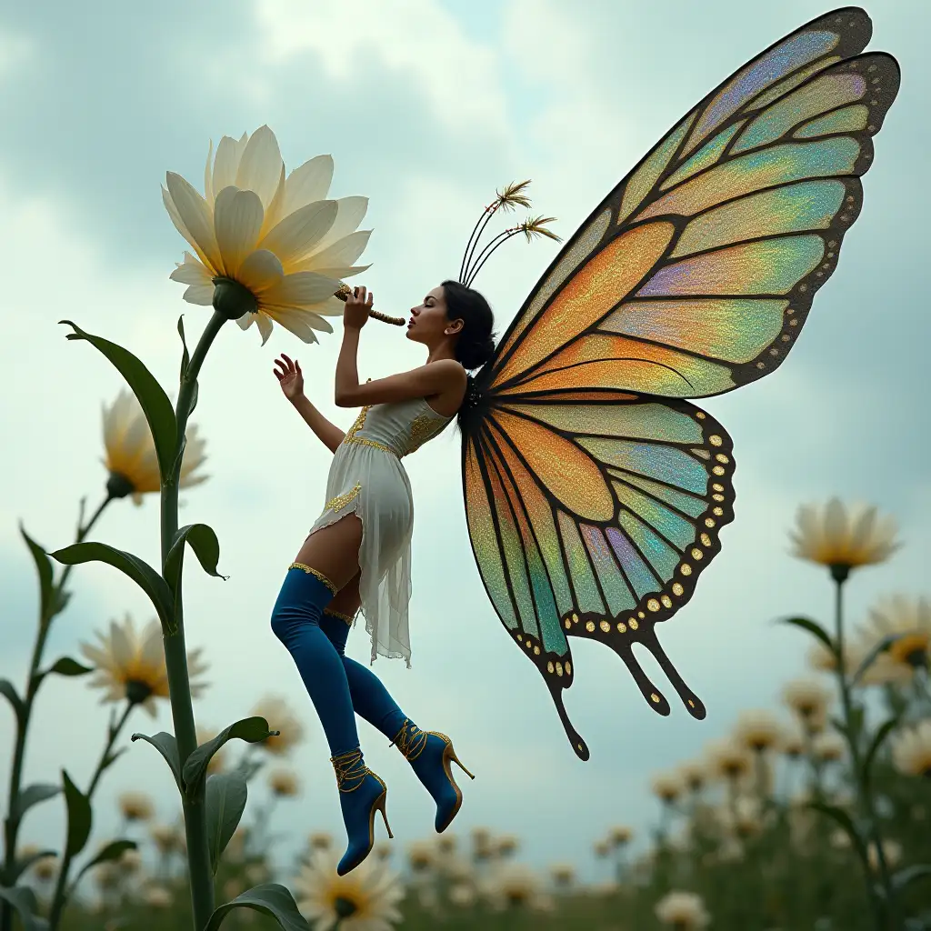 A photograph of a fairy woman with gigantic, long, shiny iridescent sparkling, multicolored butterfly wings with peacock patterns and long antennae resembling a pair of peacock feathers flying by a giant flower. The fairy is drinking nectar from the flower with her long tongue. The fairy is wearing a white latex dress with golden patterns and blue thigh-high stiletto boots with golden patterns. There is a cloudy sky in the background.