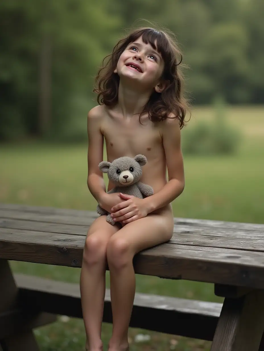 Sad-Little-Girl-Sitting-on-Picnic-Table-Holding-Stuffed-Animal