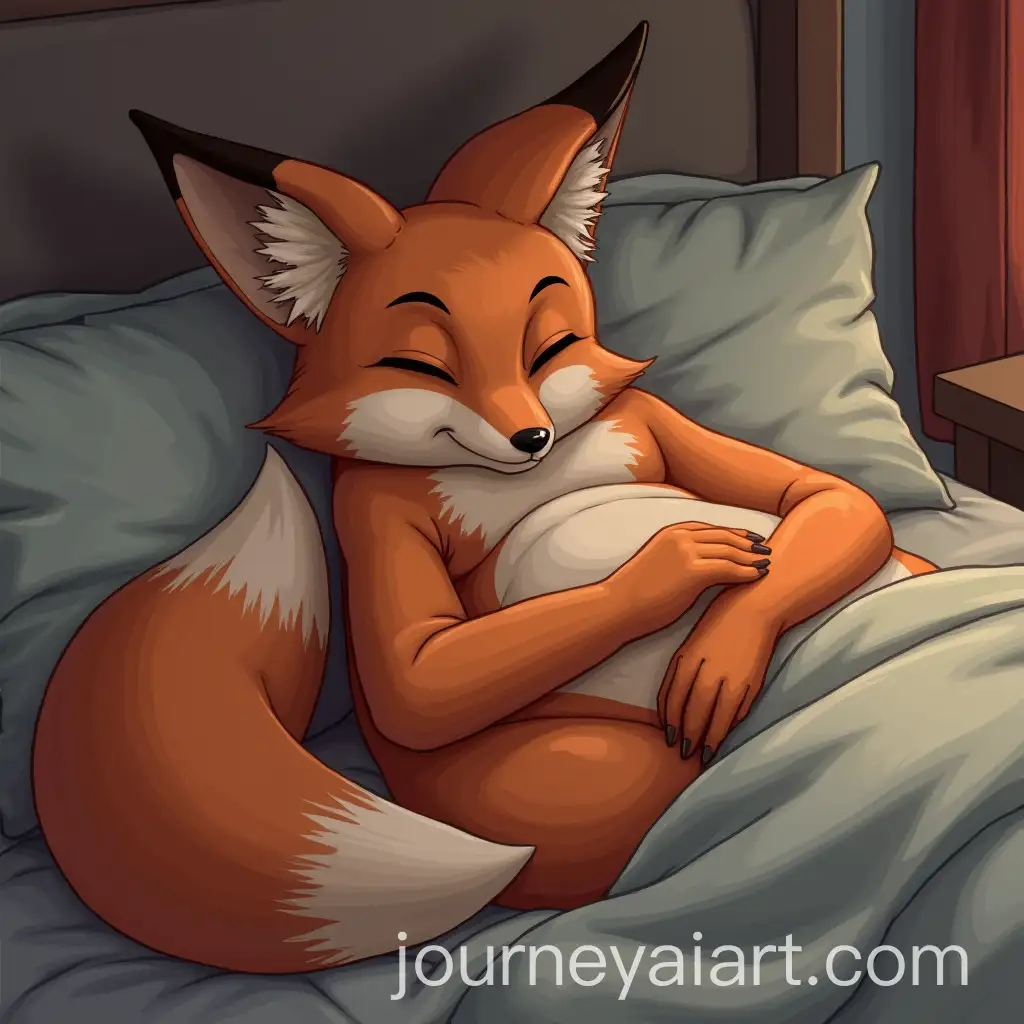 Anthro-Fox-Woman-Relaxing-on-Bed-Surrounded-by-Pillows