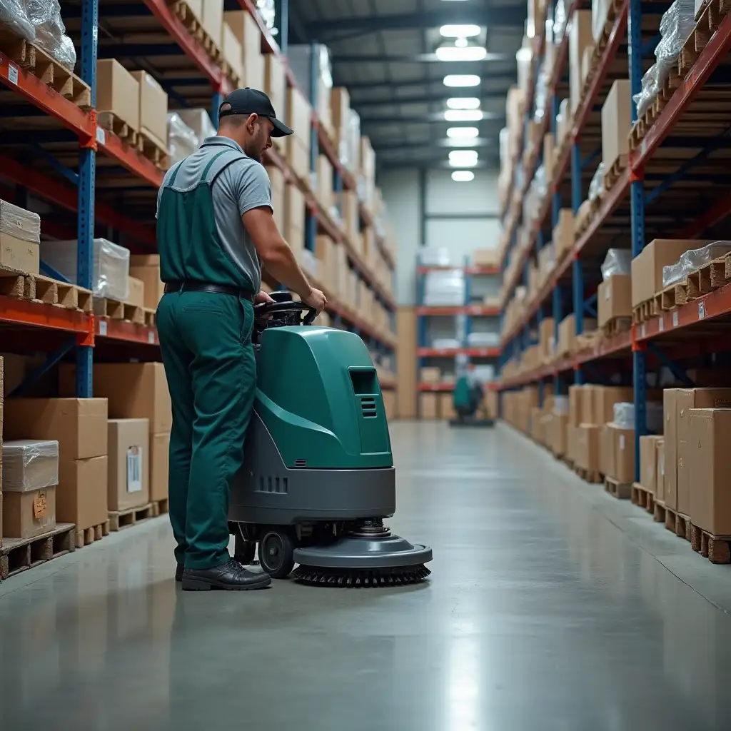 A janitor on a floor scrubber cleans the warehouse. Car parts warehouse