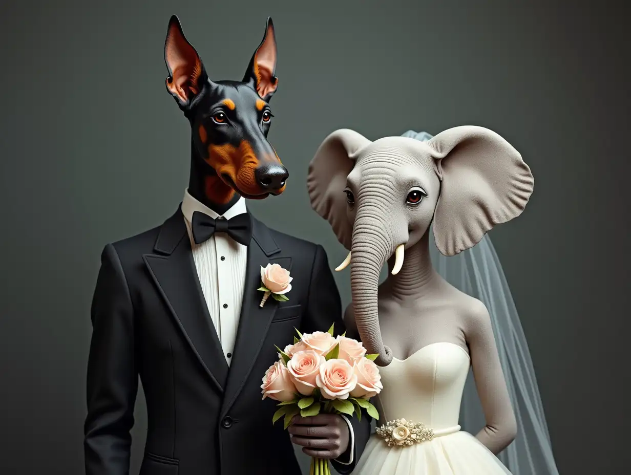 Anthropomorphic couple: Groom – Doberman in a smoking jacket with boutonniere, Bride – white elephant in a wedding dress with bouquet. Grey background, Bokeh effect. Hyperrealism, maximum detail accuracy