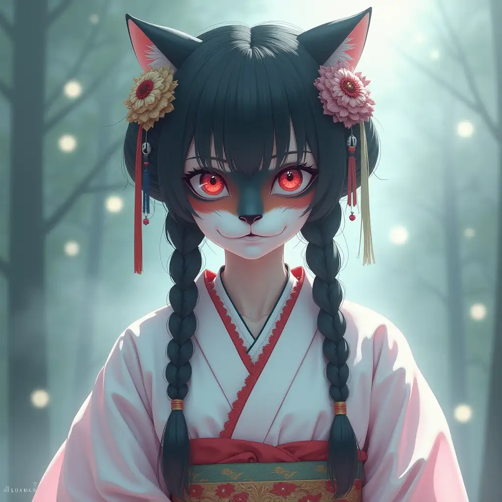 girl, geisha, black hair, two braids, fox mask on face, white pink dress, Japanese stylistics, mist, mystery, hyperdetailed, high resolution