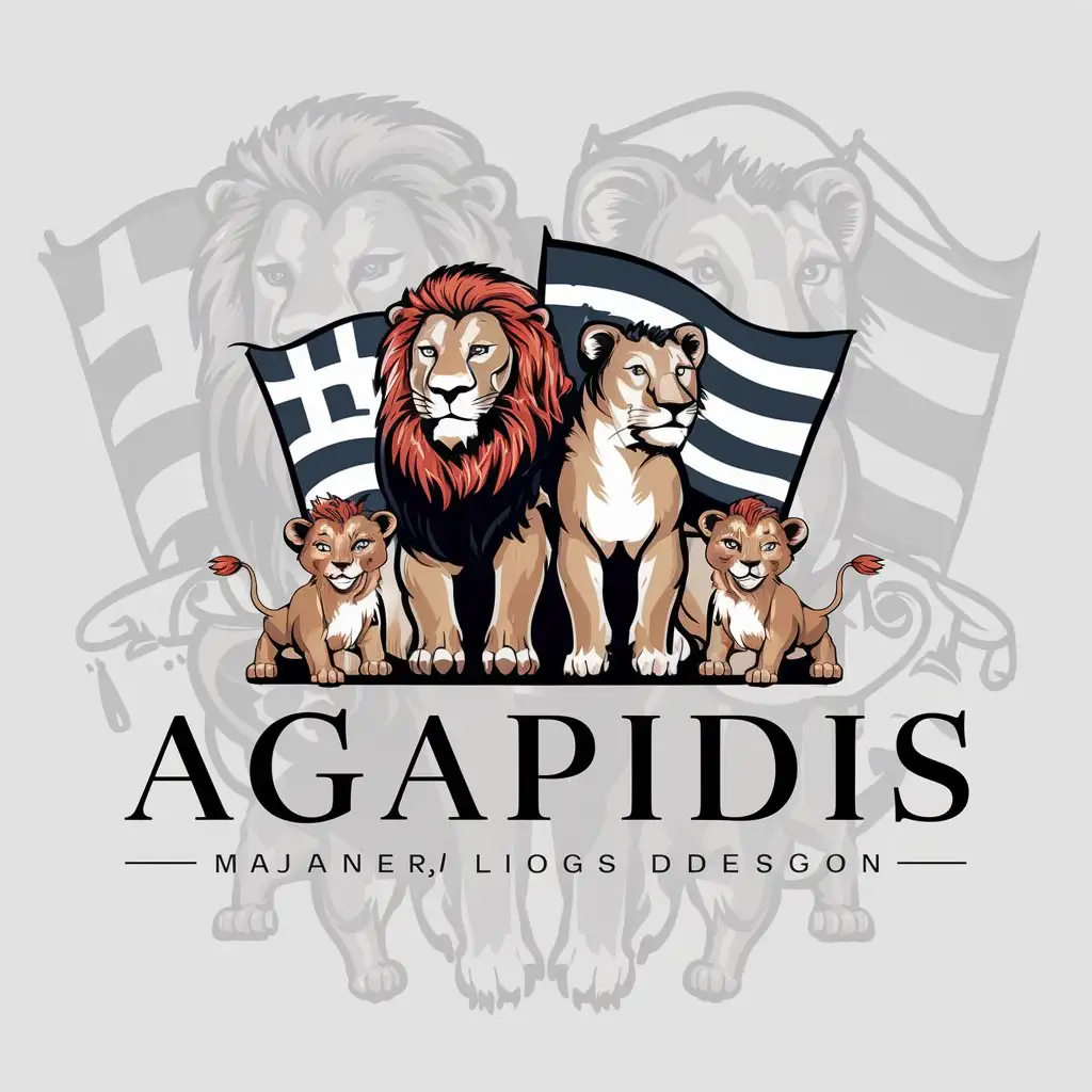 a logo design,with the text "Agapidis", main symbol:Lion, lioness, two little lions in front of Greek flag,complex,clear background