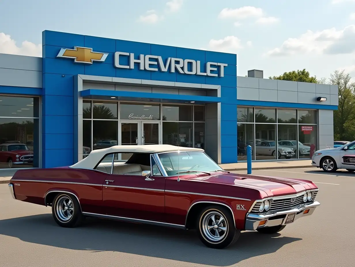 1966-Chevrolet-Impala-Convertible-Parked-in-Front-of-1960s-Canadian-Dealership