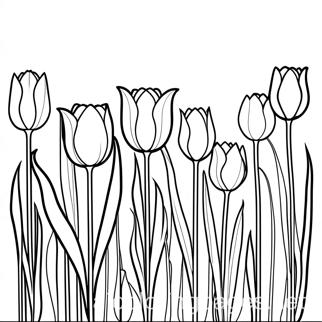 bold and easy tulips garden coloring page, Coloring Page, black and white, line art, white background, Simplicity, Ample White Space. The background of the coloring page is plain white to make it easy for young children to color within the lines. The outlines of all the subjects are easy to distinguish, making it simple for kids to color without too much difficulty