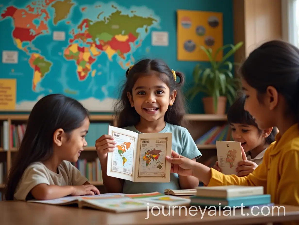 Indian-Child-in-Classroom-Holding-Handmade-Paper-Passport-with-Teachers-Stamp
