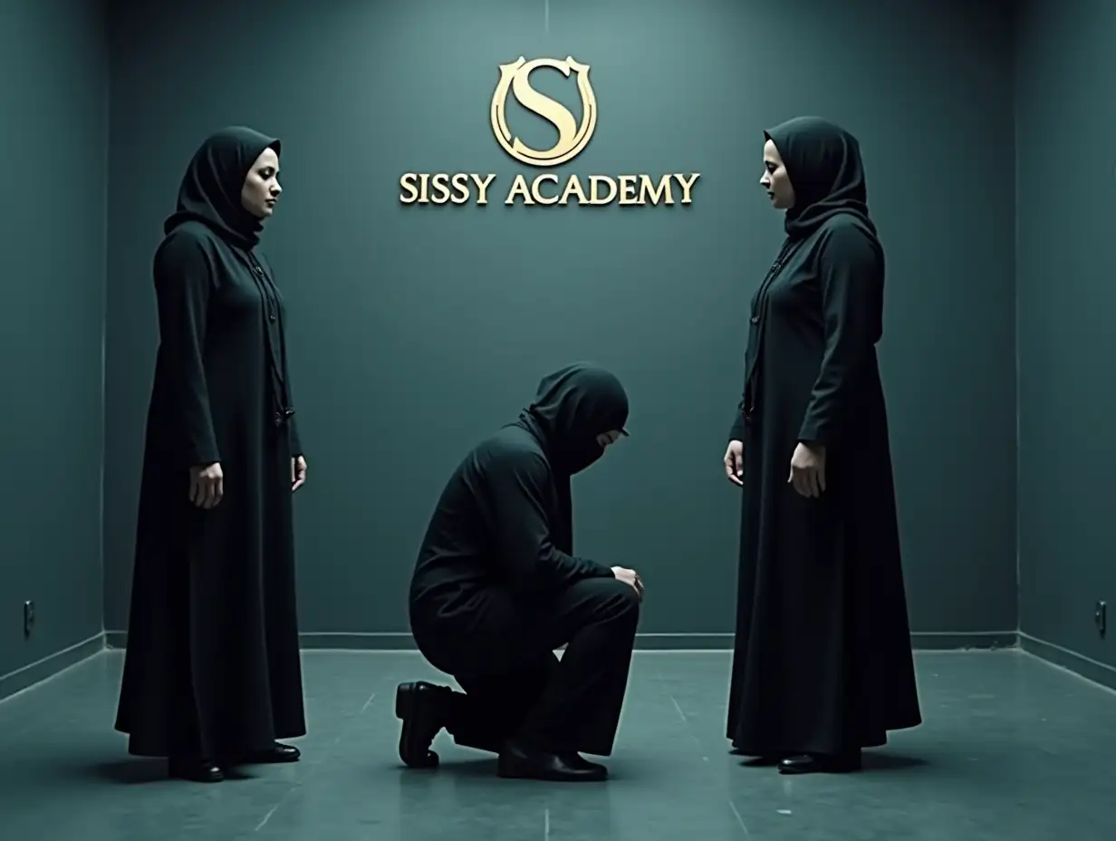 Create a dramatic scene set in the disciplined, structured environment of 'Sissy Academy,' a modern, female-dominated institution. The room is stark, with cold, industrial tones and minimalistic design, emphasizing the academy’s strict rules and control. Two authoritative women in traditional Pakistani salwar kameez stand as central figures, exuding an air of dominance and power. Their expressions are firm and commanding, reflecting their unyielding control. A male student, dressed in a black niqab and abaya, kneels before them in submission, his head lowered in respect, signifying complete compliance with the academy's rigid regulations. The academy's logo can be subtly incorporated into the setting, adding to the disciplined atmosphere. The scene should convey an intense sense of hierarchy and authority, with the women firmly overseeing the situation, ensuring that the male student adheres to the academy's strict standards