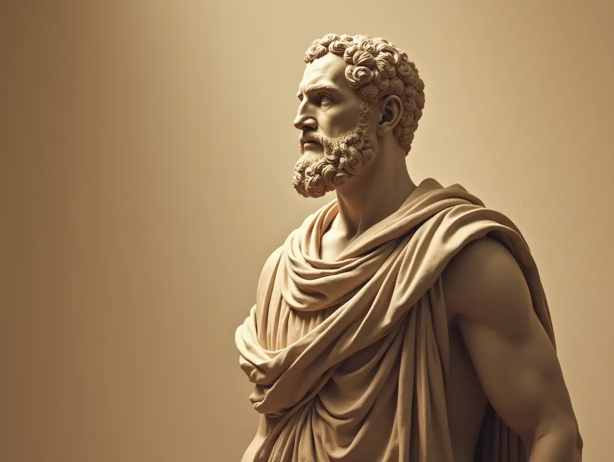 A sepia-toned portrait of Zeno of Citium, capturing the essence of ancient Greek art, with soft shading and a serene background reminiscent of classical antiquity