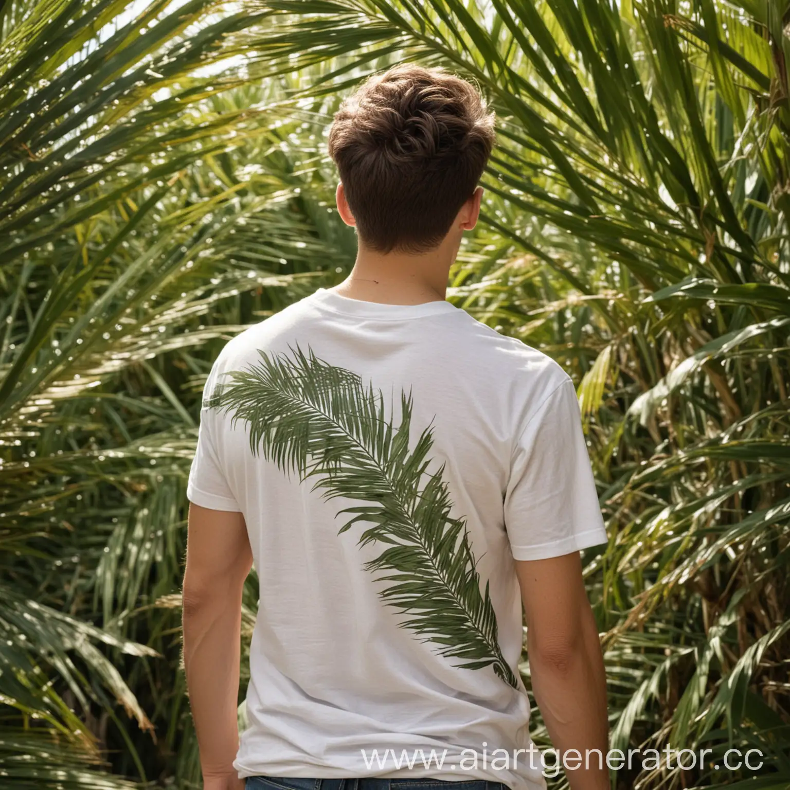 Young-Man-in-Grass-Patterned-White-TShirt-on-Palm-Background