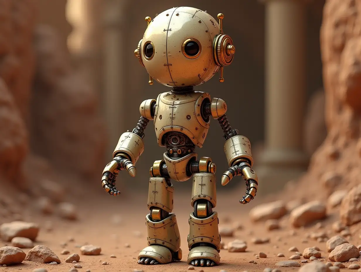 Create a high-resolution, realistic image of the artificial intelligence Robert, three meters tall, with eyes, arms and legs, with gears on the cheeks and glass head with visible golden brain, screws with many glass balls on the floor, Mars 4k resolution with  