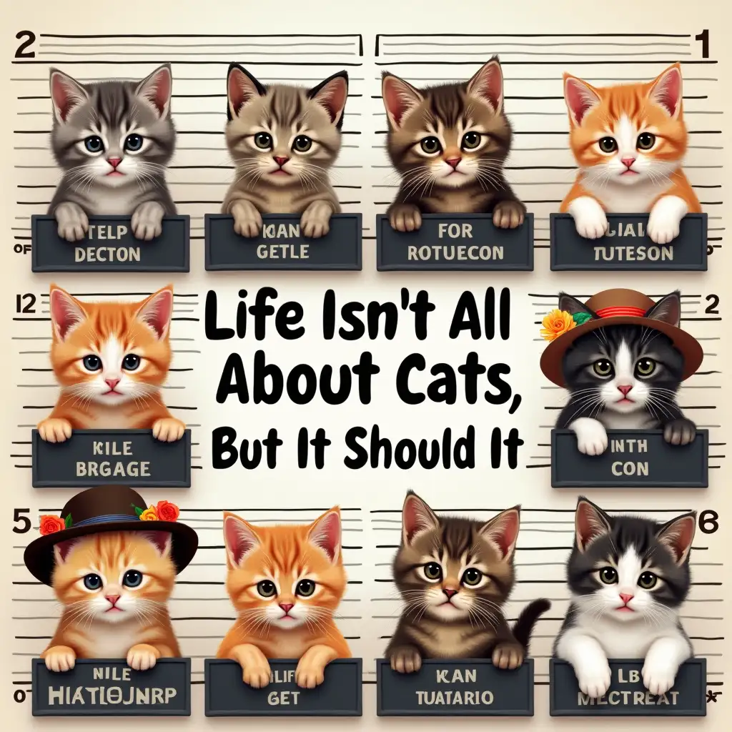 Vector. eight cute kittens in mugshots, featuring the word 'Life Isn't All About Cats But It Should Be' in bold, centered eight adorable Highland. The kittens are wearing different accessories, such as flowers, hats, and glasses. The background is a wall used to take pictures of criminals. Glitter style.