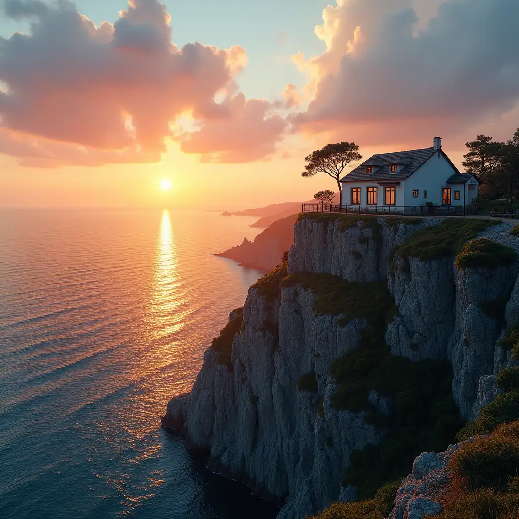 a cottage on a cliff, view on sea, sunset