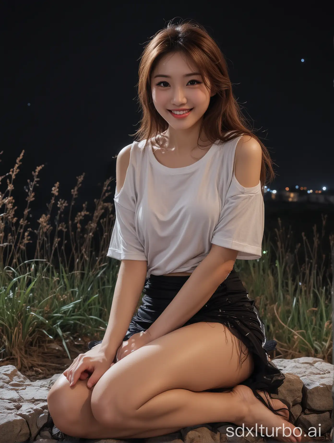 Chinese-Woman-with-Brown-Hair-and-Sweet-Smile-Sitting-on-a-Stone-in-the-Countryside-on-a-Winter-Night