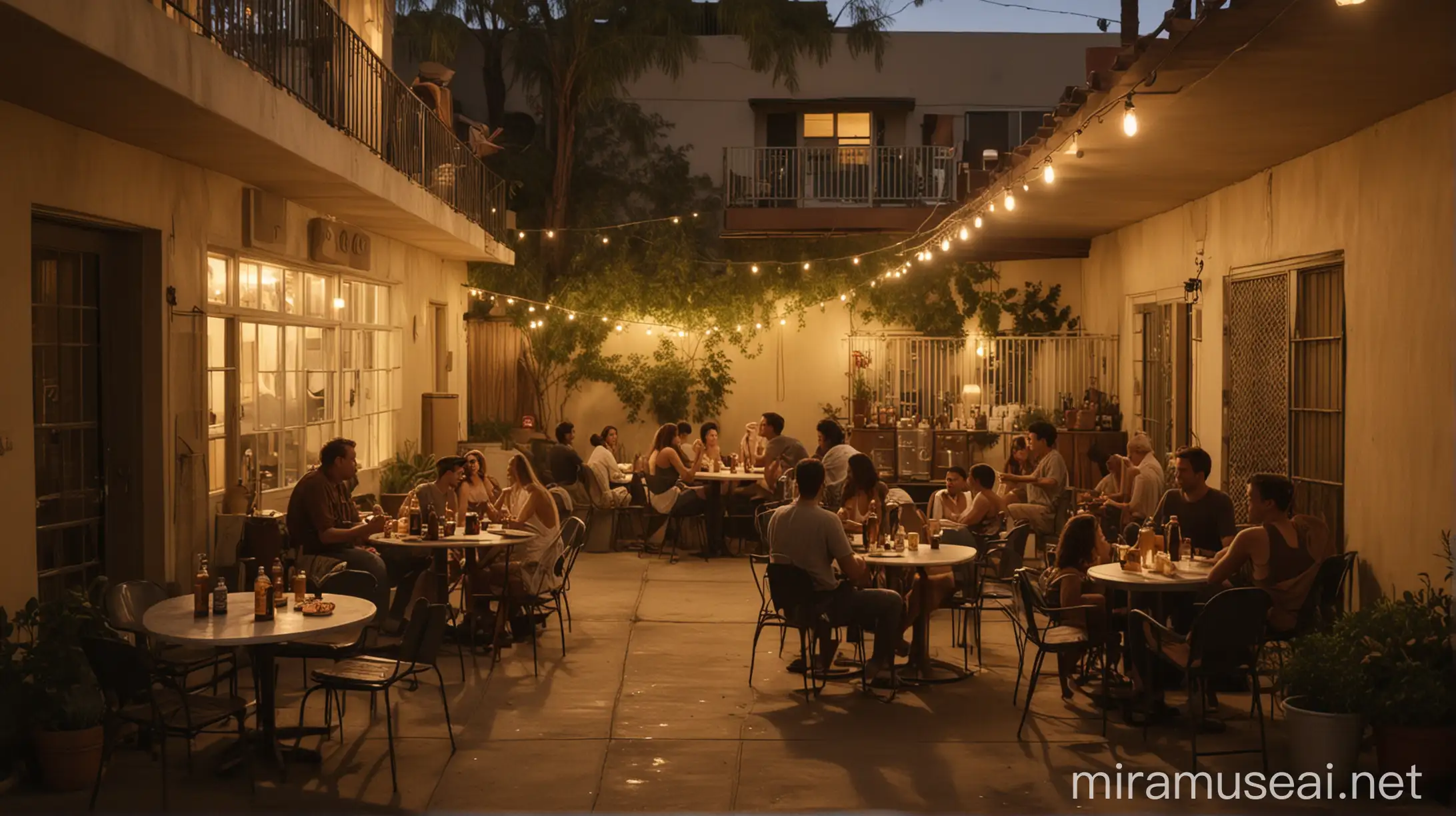 Evening Gathering in Retro North Hollywood Apartment Courtyard