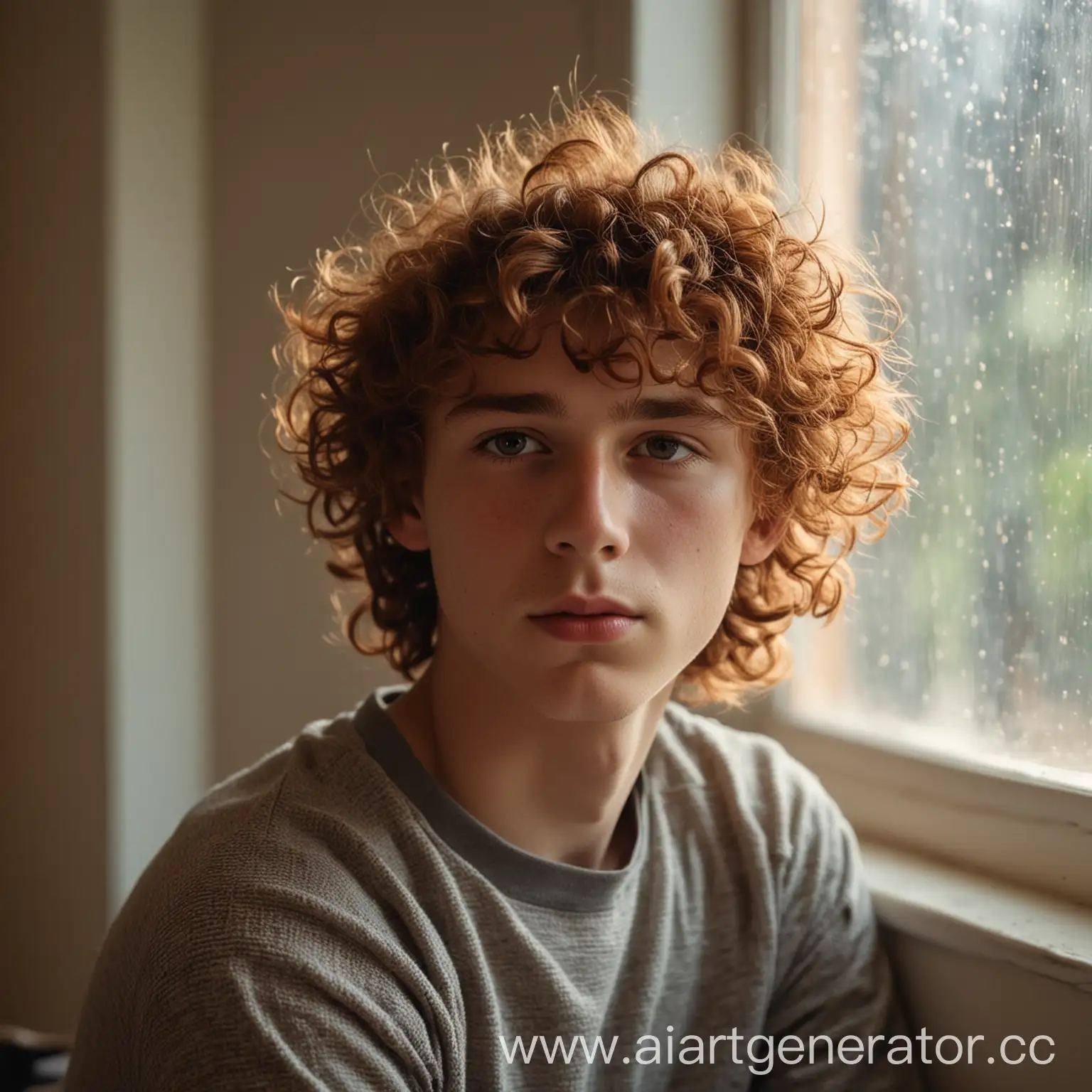 Young-Man-with-Curly-Chestnut-Hair-in-Softly-Lit-Room