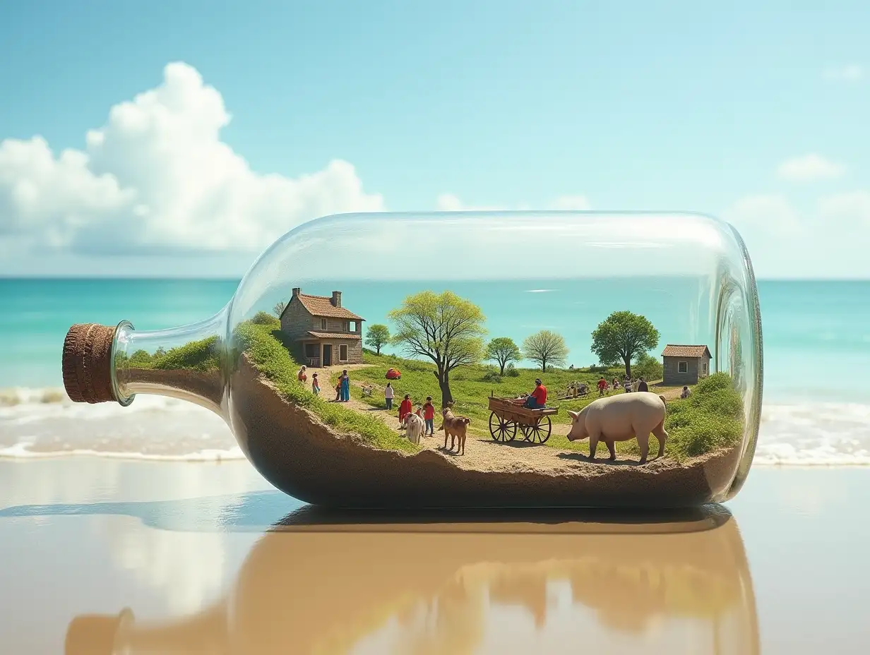 In a beautiful beach there is a large glass bottle, inside is a small village, with very many tiny people, with fruit plantation, carriage, horses, pigs, quite big-real photo, triple exposure, basic idea of something beautiful photo