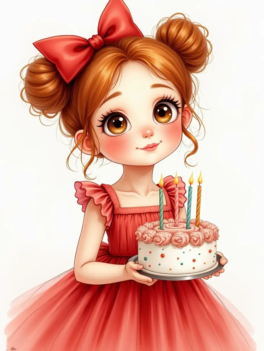 photo-realistic airy realistic watercolor, photorealism, wide strokes, tender little girl portrait, European appearance DreamWorks reddish curls gathered in careless buns, drawing of eyelashes, playfully thoughtfully looking up, rosy cheeks freckles, big red on the headbow, dressed in a red fluffy airy dress with sequins, complex angle.holding a cake with candles, watercolor, ink, beautiful, 4k, high detail