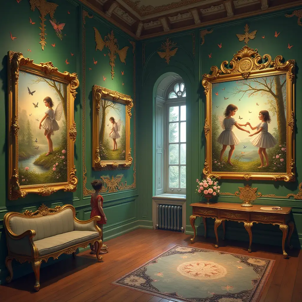 In the enchanted gallery of a centuries-old castle, a magical tale unfolded. Each canvas, nestled in exquisite gold-leaf frames, depicted whimsical fairy-tale scenes. The walls adorned with exquisite paintings of ethereal elves, their delicate features graced by gossamer wings, their laughter like tinkling bells. Among them, elven children frolicked under a canopy of vibrant butterflies, dragonflies flitting about like celestial fireflies, and birds soaring through iridescent skies.
