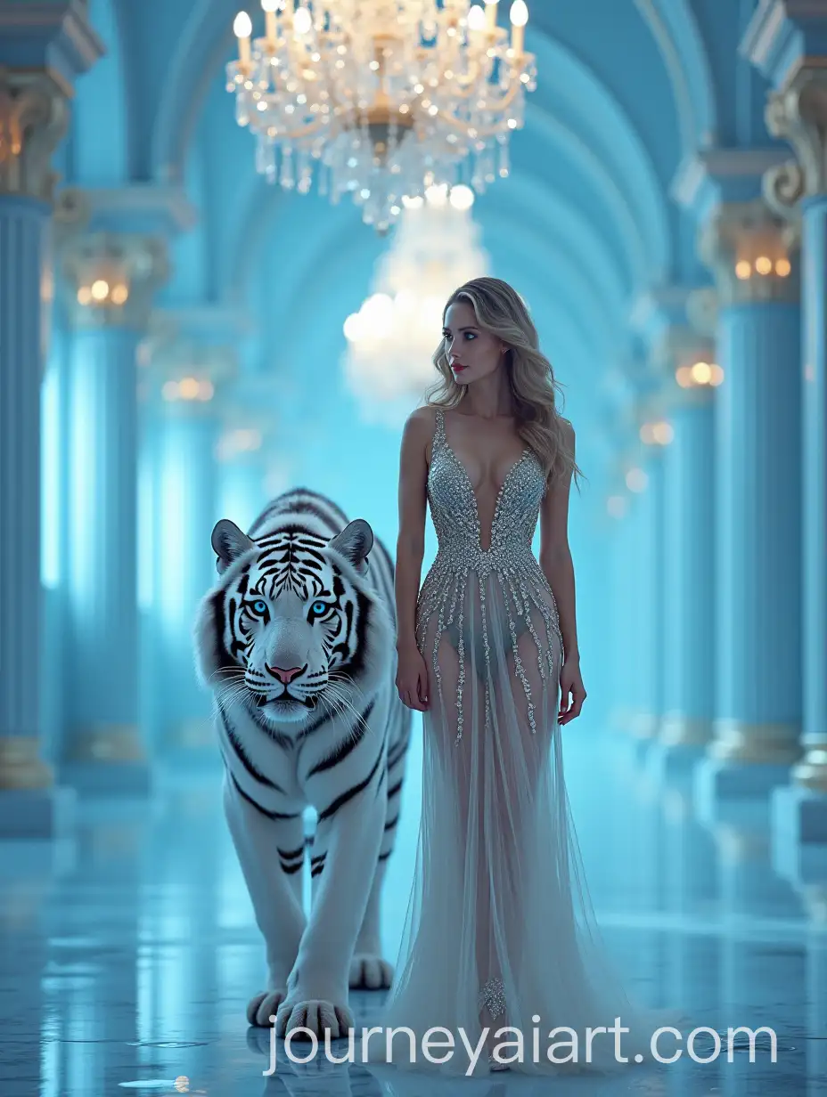 Graceful-Woman-in-Transparent-Dress-Walking-Beside-Majestic-White-Tiger-in-Luxurious-Icy-Blue-Interior